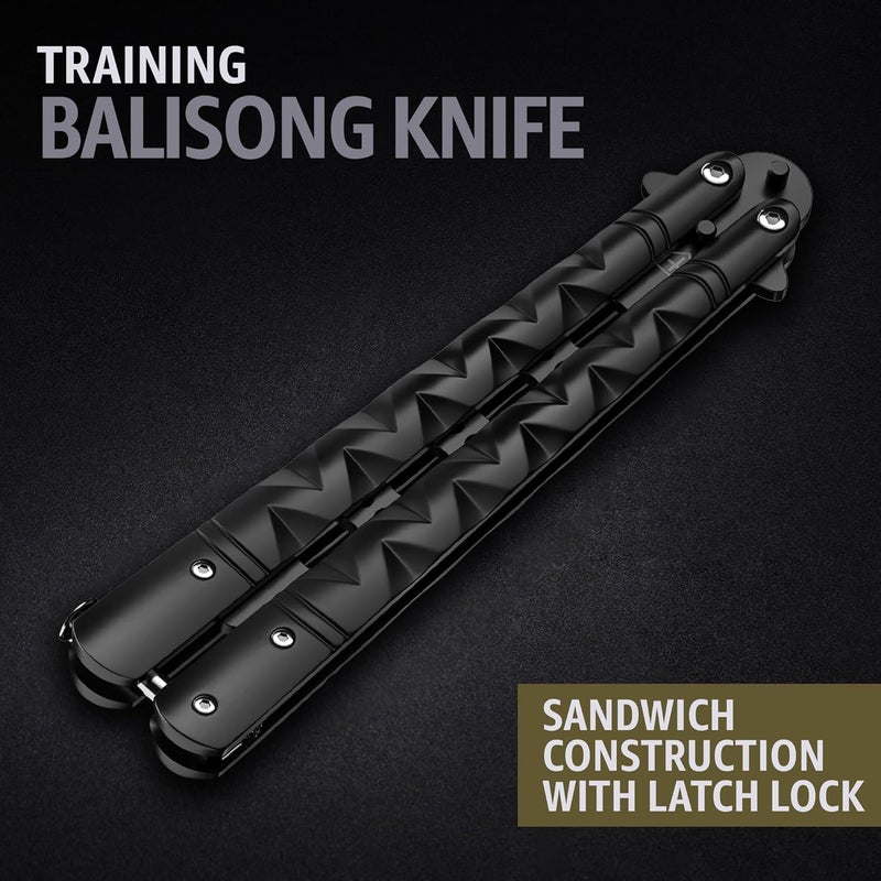 GOOD WORKER Butterfly Knife - Balisong Trainer - Black Practice Butterfly Trainer with Sure Spring Latch - Balisong Knives NOT Real NOT Sharp Blade - Full Stainless Steel Fake Dull Trick - Image 4